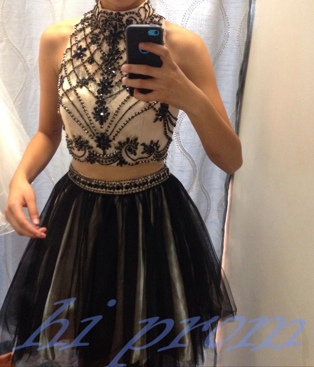 Black Homecoming Dress,2 Piece Homecoming Dresses,Black Beading Homecoming Gowns,Short Prom Gown 