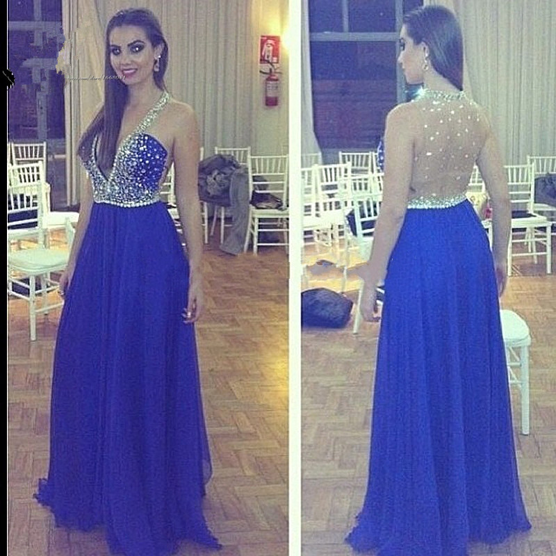 Royal Blue Prom Dresses V Neckline Evening Dress Backless Prom Dress