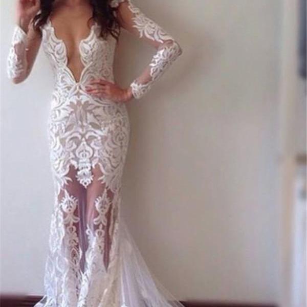 Prom Dressessexy Glamorous Sheath Appliques Lace Long Sleeves White Prom Dress On Luulla 