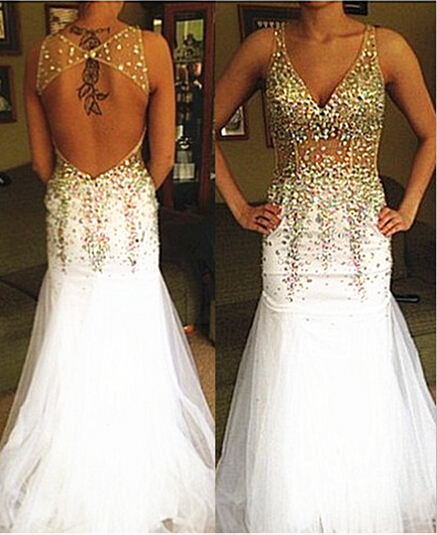 White Prom Dresses Gold Beaded Evening Dress Backlss Prom Dresses Open