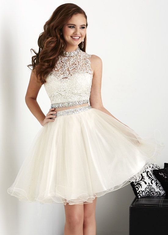 White Dresses,Tulle Dress,2 Pieces Prom Gown,Two